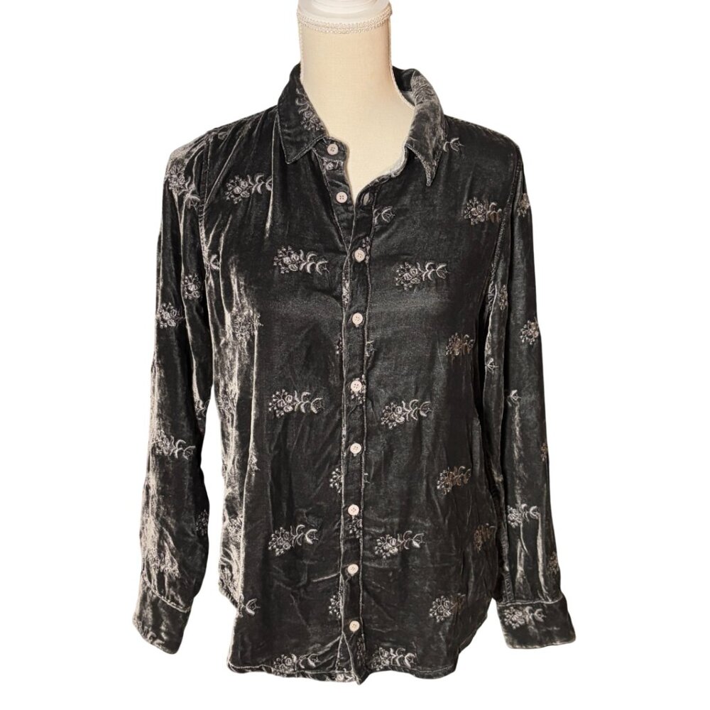 CP Shades gray velvet shirt floral embroidery S small long sleeve button up